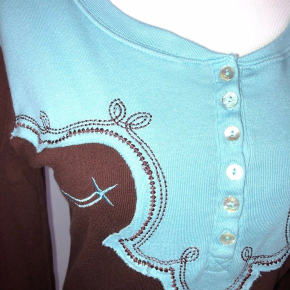 Back In The Saddle Embroidered Vintage Henley Western Style Knit Top Stretch - Picture 4 of 8